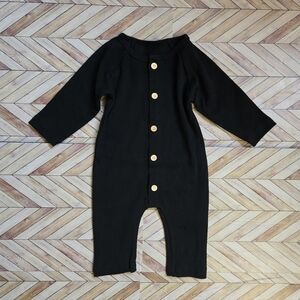 Baby Boy Girl Ribbed Black Long Sleeve Front Button Jumpsuit Cotton One Piece